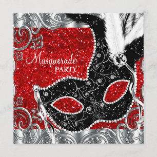 Convite Festa de Máscaras Prata Vermelho e Máscara Preta