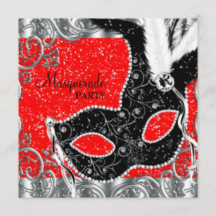 Convite Festa de Máscaras Prata Vermelho e Máscara Preta