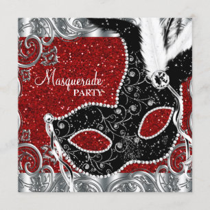 Convite Festa de Máscaras Prata Vermelho e Máscara Preta