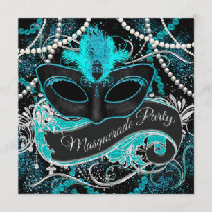 Convite Festa de Máscaras Preto e Azul Turquesa