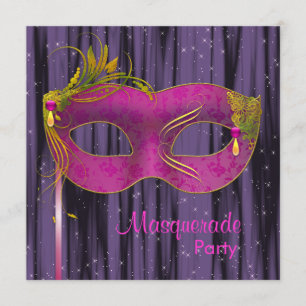 Convite Festa de Máscaras Rosa Quente Preto Roxo