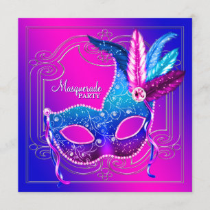 Convite Festa de Máscaras Rosa Quente Roxo Azul Turquesa