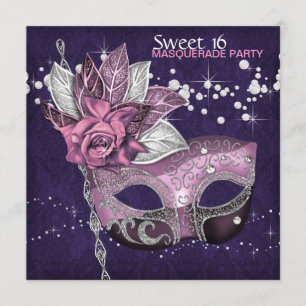 Convite Festa de Máscaras Rosa Roxo Doce 16 Anos