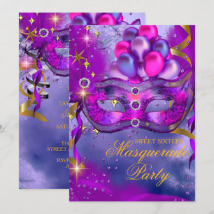 Convite Festa de Máscaras Roxo Dourado Azul Sweet Sixteen