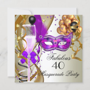Convite Festa de Máscaras Roxo Dourado Cremoso Preto Fabul