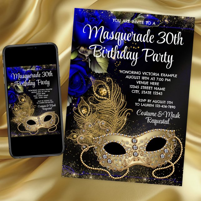 Convite Festa de Máscaras Royal Blue Gold (Blue and Gold Masquerade Party Invitation for any birthday and event.)