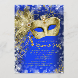 Convite Festa de Máscaras Royal Blue Gold Glitter