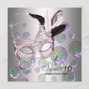 Convite Festa de Máscaras Silver Pink Bubbles Sweet Sixtee