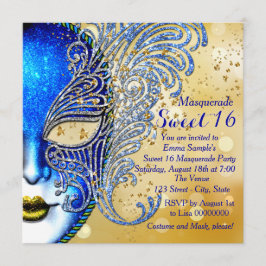 Convite Festa de Máscaras Sweet 16 Azul Real e Dourado