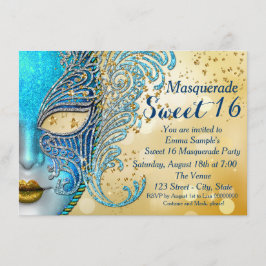 Convite Festa de Máscaras Sweet 16 Azul Turquesa e Dourado