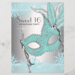 Convite Festa de Máscaras Sweet 16 Azul Turquesa Floco de