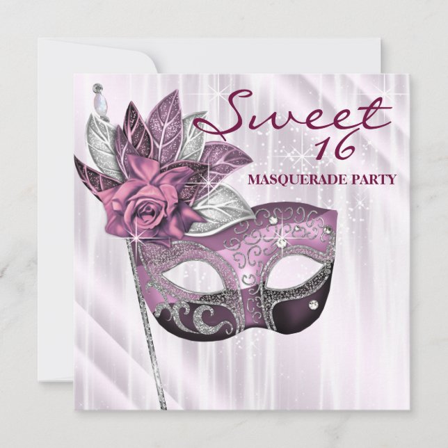 Convite Festa de Máscaras Sweet 16 Rosa e Roxo (Frente)