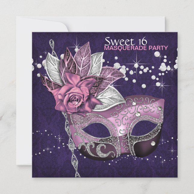 Convite Festa de Máscaras Sweet 16 Rosa Roxo (Frente)