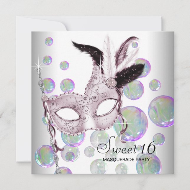 Convite Festa de Máscaras Sweet Sixteen com Bolhas Rosa Br (Frente)