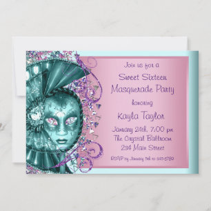 Convite Festa de Máscaras Sweet Sixteen Rosa Azul Turquesa