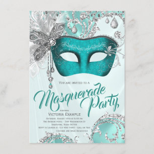 Convite Festa de Máscaras Teal Blue Silver Sweet 16