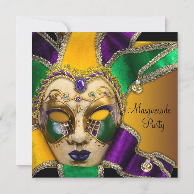 Convite Festa de Máscaras Verde, Roxo e Dourado (Frente)