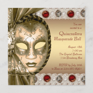Convite Festa de Máscaras Vermelha e Dourada Elegante