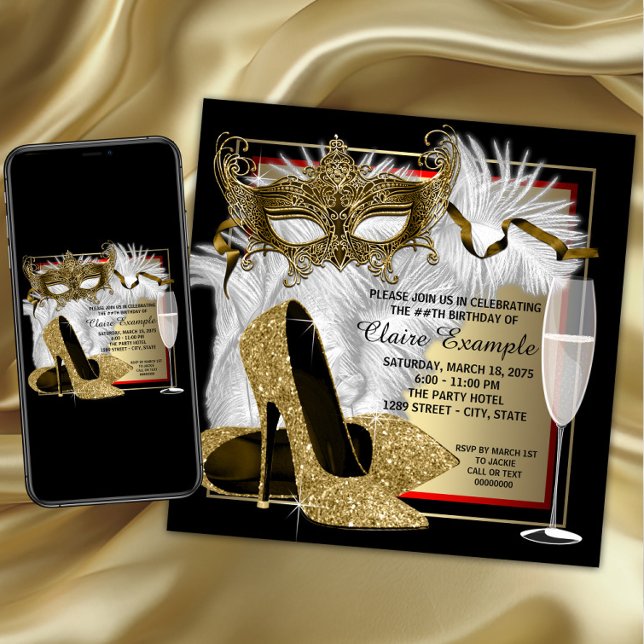 Convite Festa de Máscaras Vermelho e Dourado das Mulheres (Womans masquerade birthday party invitation with elegant mask, shoes, feathers and champagne glass.)