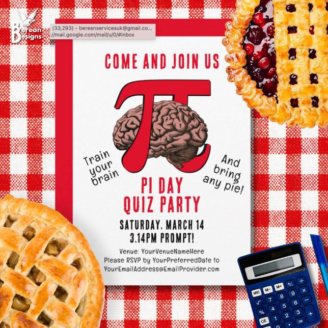Convite Festa de Memorização de DIA PI (Fun PI DAY QUIZ PARTY Invitation to celebrate March 14. Ideal for math quizzes and pie lovers too.)