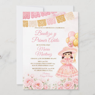 Convite Festa de Menina Espanhola Rosa Bautizo e primeiro