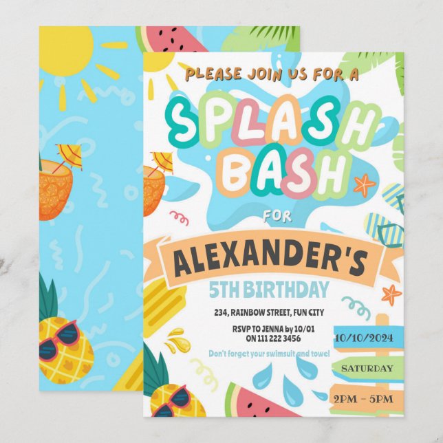 Convite Festa de Meninos na Piscina Summer Splash Party no (Frente/Verso)