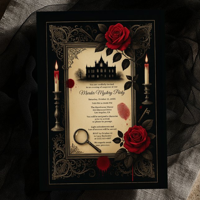 Convite Festa de Mistério de Assassinato na Mansão da Rosa (Gothic Red Rose Murder Mystery Mansion Party Invitation
)