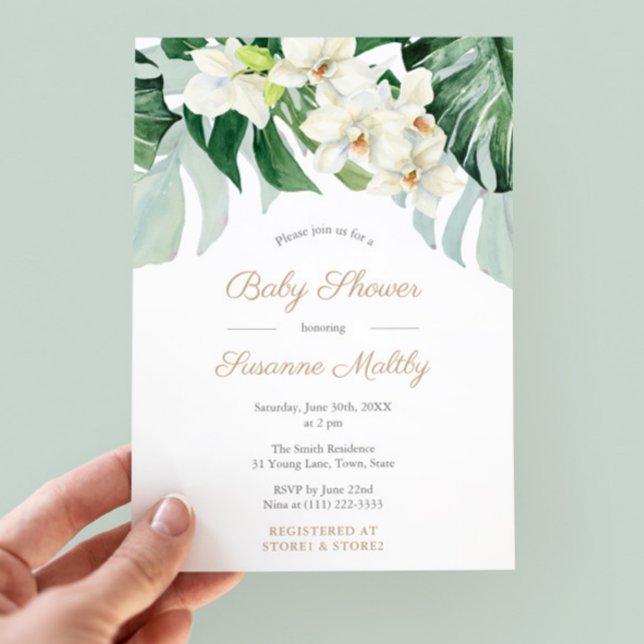 Convite Festa de Monstera Verde e Bronze deixa Chá de fral (Dark Green Watercolor Tropical Foliage Baby shower Invitations)