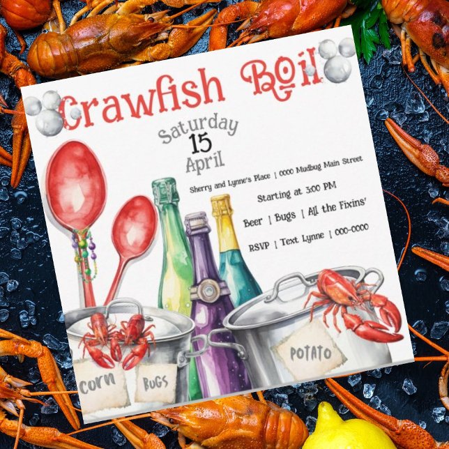 Convite Festa de Mudbug e lagosta (Crawfish Boil party invitations with crawfish, pots and cute spoons.  Customizable. )