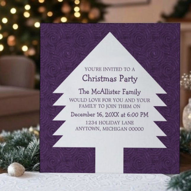 Convite Festa de Nadadores de Árvores de Natal Roxo Convid (Purple Christmas Tree Swirls Party Invitation)