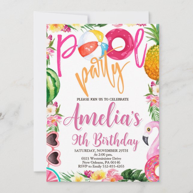 Convite Festa de Nado, Festa de Piscina, Aniversário, Qual (Frente)