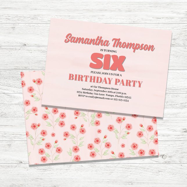 Convite Festa de Namorada Rosa Floral Sexto aniversário Mo (Sixth Birthday Girl Custom Party Invitations.)