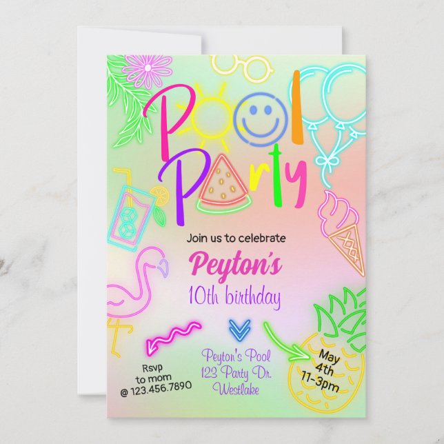 Convite Festa de Natação, Festa de Glow, Neon Glow no escu (Frente)