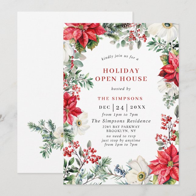 Convite Festa de Natal Aberta da Casa Elegante Poinsettia (Frente/Verso)