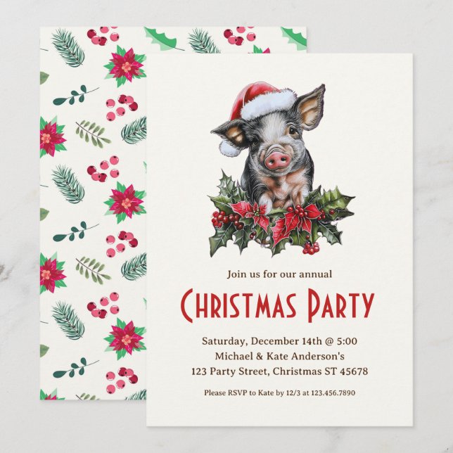 Convite Festa de Natal Animal Piglet Fazenda Piglet Santa  (Frente/Verso)