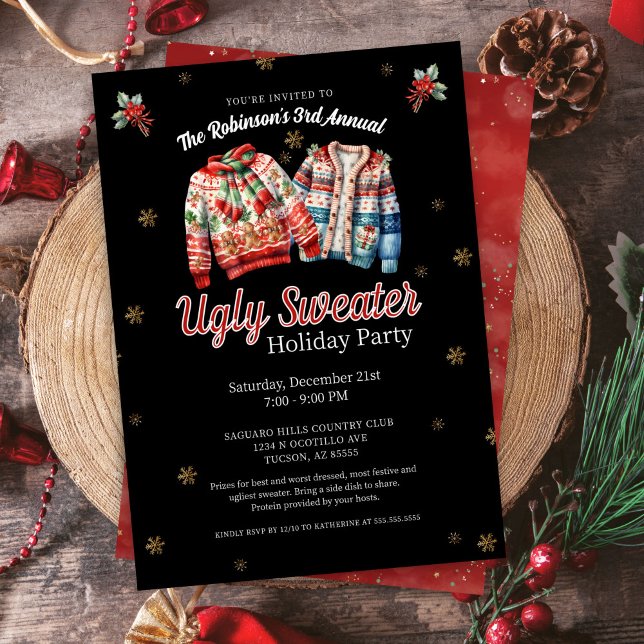 Convite Festa de Natal anual e doce, festiva e doce (Festive sparkling ugly sweater contest holiday christmas party invitation for work corporate home)
