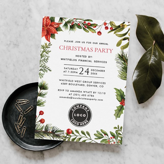Convite Festa de Natal Anual para Funcionários Corporativo (Christmas Holidays Company Logo Poinsettia Red Berries Botanical Annual Party Invitation)