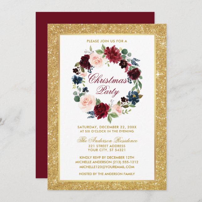 Convite Festa de Natal: Aquarela Dourada Floral (Frente/Verso)