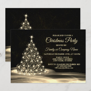 Convite Festa de Natal Árvore Brilhante Dourada Inverno Pr