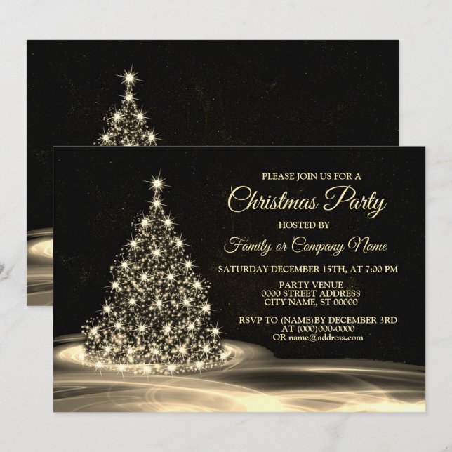 Convite Festa de Natal Árvore Brilhante Dourada Inverno Pr (Frente/Verso)
