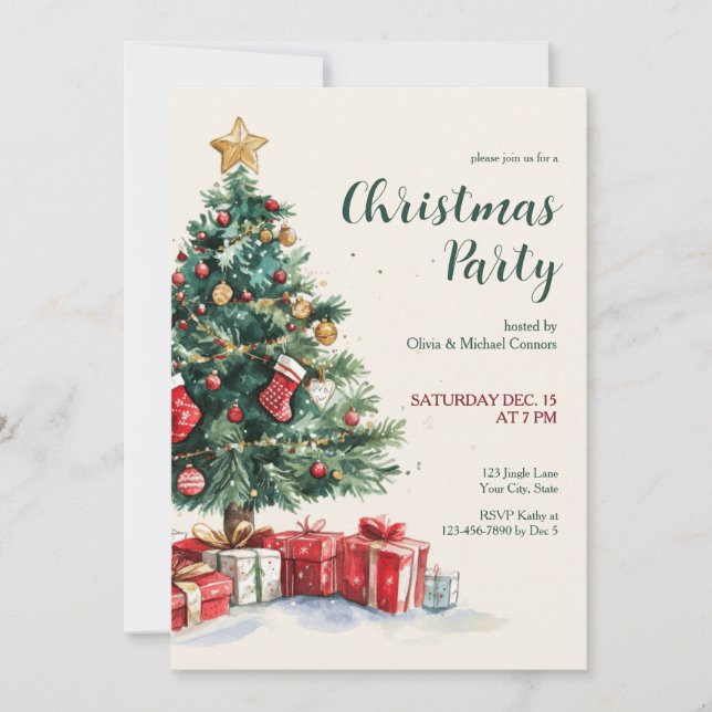 Convite Festa de Natal Árvore de Natal em Aquarela (Frente)