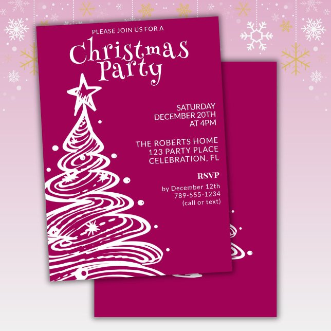 Convite Festa de Natal Árvore de Natal Rosa Magenta Branco (Criador carregado)