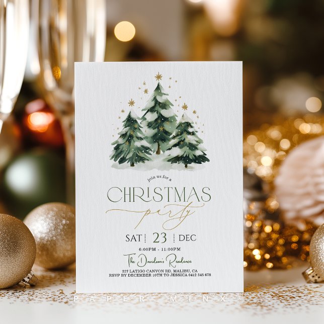 Convite Festa de Natal Árvore de Natal Verde Dourado (Christmas party invitation featuring cute green and gold Christmas tree and stars. )