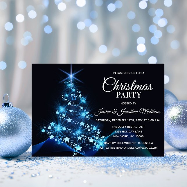 Convite FESTA DE NATAL AZUL brilha na árvore de neve (CHRISTMAS PARTY BLUE Twinkle Lights Snow Tree Invitation)