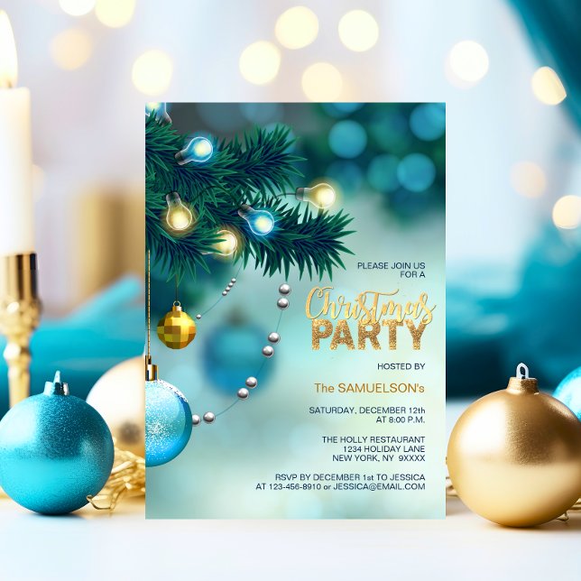 Convite FESTA DE NATAL Azul Dourada Árvore Baleeira Brilha (CHRISTMAS PARTY Blue Gold Tree Baubles Glitter Invitation)
