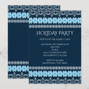 Convite Festa de Natal Azul e Branco de Renda Elegante