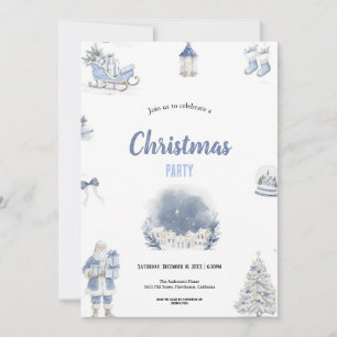 Convite Festa de Natal azul e branco em aquarela fofa 