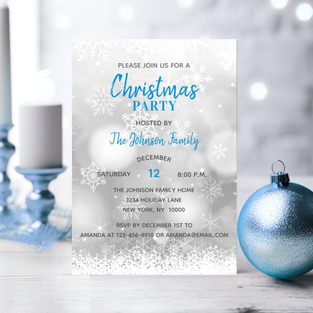 Convite FESTA DE NATAL Azul Prata Floco de Neve (Blue CHRISTMAS PARTY Silver Snowflake Snow Invitation)