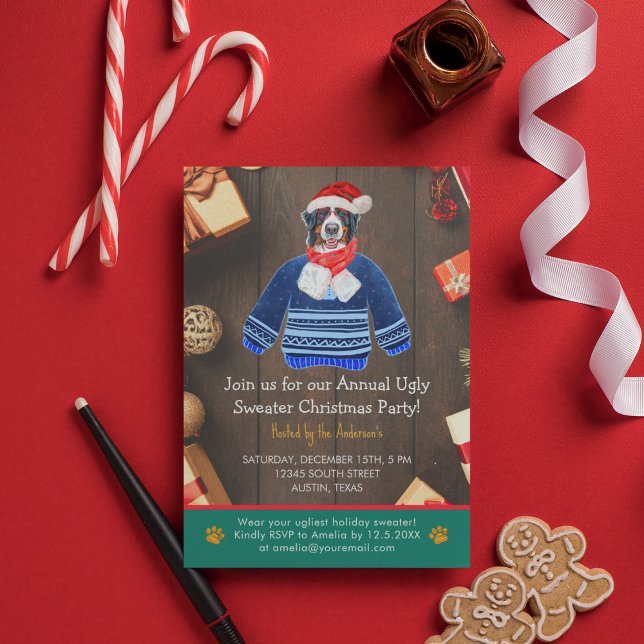 Convite Festa de Natal Bernese Dog Ugly Sweater (Front )