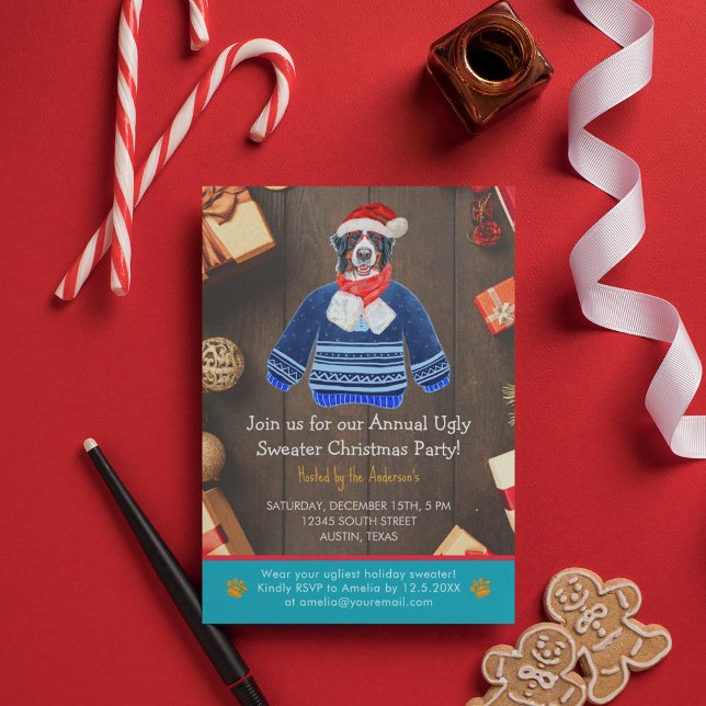 Convite Festa de Natal Bernese Dog Ugly Sweater (Front)